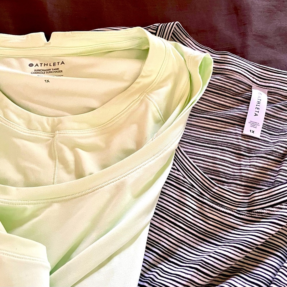 EUC Athleta 1x top bundle. Sun-chaser light green tank + blk/beige striped tee